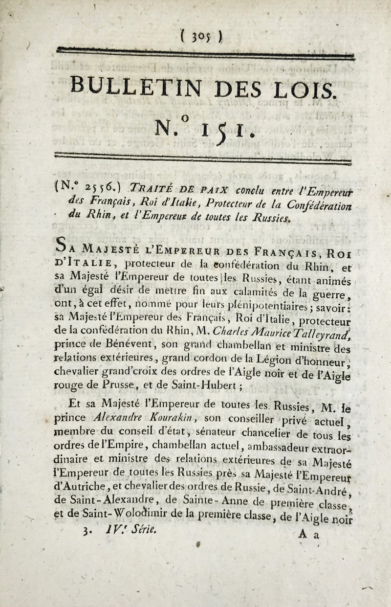 Russia. Peace of Tilsit. Trait&#233; de Paix conclu entre l’Empereur des  [..]