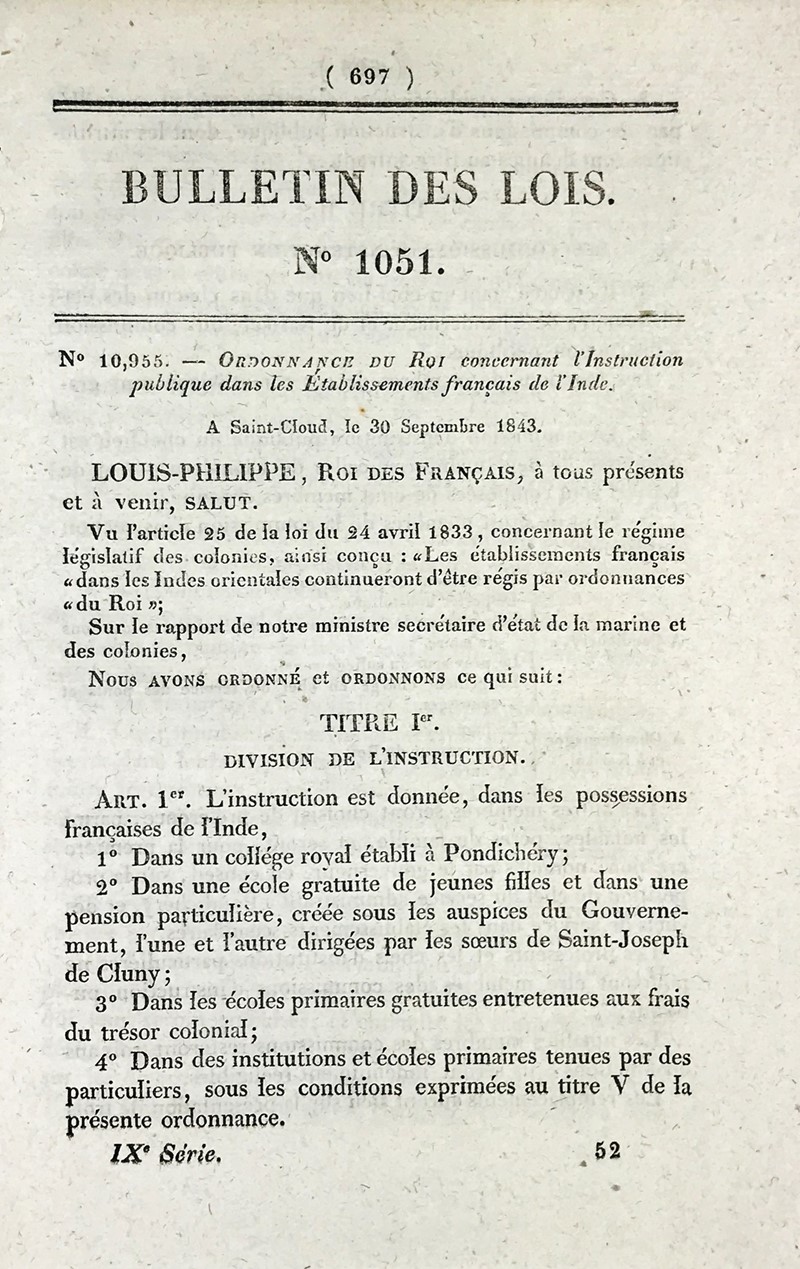 India Public education . LOUIS Philippe, Roi des Fran&#231;ais. Ordonnance du  [..]