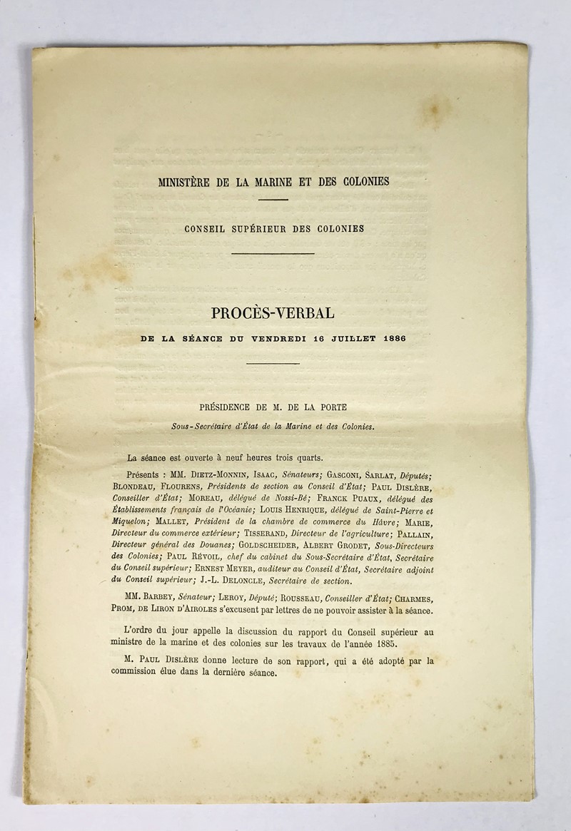 Antilles – La Reunion - French colonies. DE LA PORTE. Ministere de la Marine  [..]