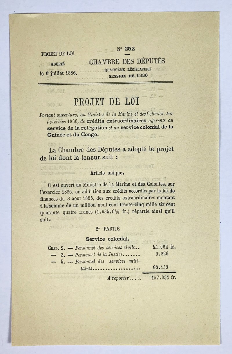 Guinea – Congo. FLOQUET. Chambre des Deputes. Projet de loi portant ouverture...  [..]