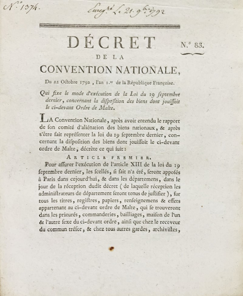 Malta. Deecree for the end of Order in France. Decret de la Convention Nationale  [..]